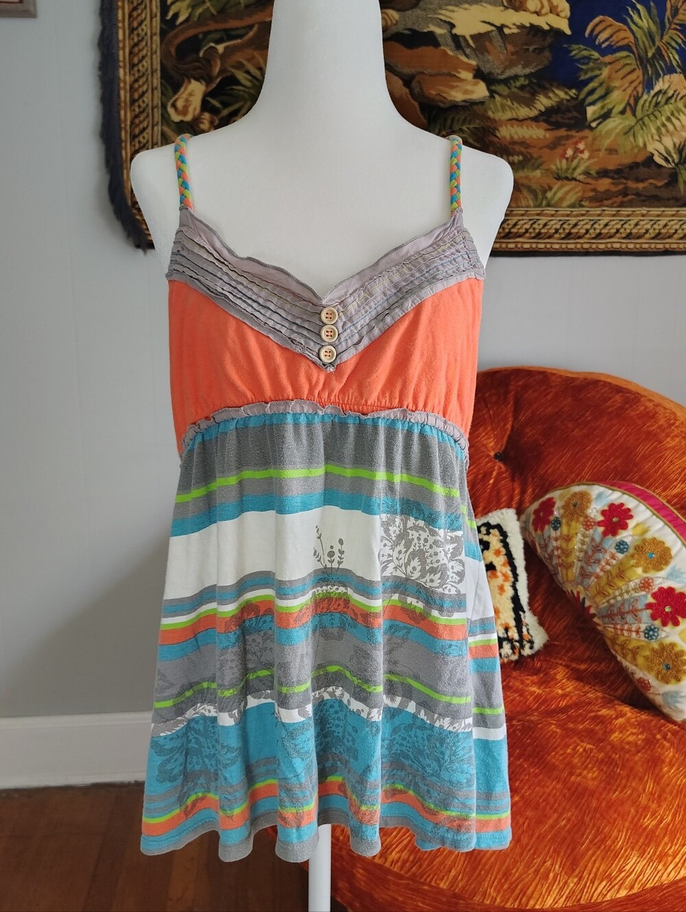 Vintage Y2K Striped Babydoll Cami Tank Top XL Extra Large Gray Orange Baby Doll